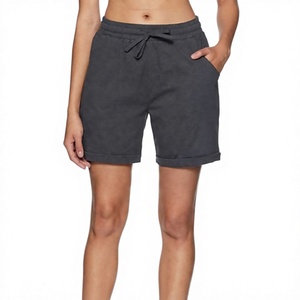 Shorts en coton tricoté gris foncé à carreaux pour femme, taille élastique, poches, coupe sportive, taille haute, respirant, délavage coloré, style classique - Product Image 3