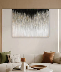 Quadro Moderno Astratto con Design Scintillante, Pittura Murale Gradiente Nera Bianca Oro, Texture a Goccia, Tela con Cornice in Legno e Lamina d'Oro - Product Image 4