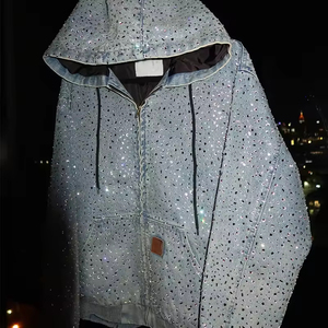 Giacca di Jeans da <span class=keywords><strong>Uomo</strong></span> Personalizzata con Zip, Design Vintage con Cristalli e Strass, Stile Y2K Streetwear, Design Patchwork, <span class=keywords><strong>Oversize</strong></span> e Comoda in Cotone - Product Image 3