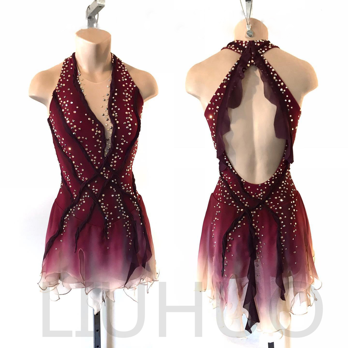 Robe Patinage Artistique LIUHUO Sans Manches - Rouge Et Noir Fille Femme