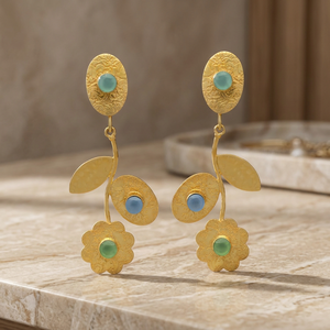 Boucles d'oreilles pendantes en laiton faites à la main, plaquées or 14 carats, pierre naturelle, cadeau unisexe indien - Product Image 2