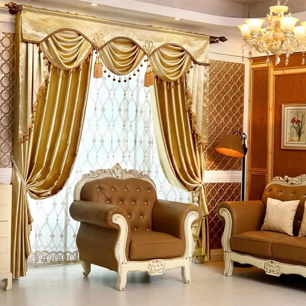 luxury high ceiling thermal blackout ready made gold panel beaded luxury valance curtains for villa