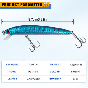 Lot de 8 leurres méné pour la pêche au bar, appâts durs pour truite, poisson-chat - Product Image 3