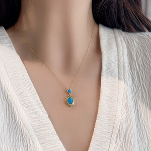 925 Sterling Silver Gold Plated Two Stone Blue <b>Opal</b> Bezel Set Pendant <b>Necklace</b> Dainty Vintage Jewelry For Women - Product Image 2