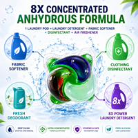 Capsules de lessive 15g chacune, s'infusent dans toutes les machines, fonctionnent dans l'eau chaude et froide, sans danger pour les lave-linges automatiques