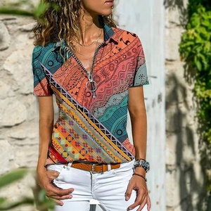 Camiseta con estampado de Indie Folk para mujer, Camiseta holgada informal de manga corta con cuello en V y cremallera, camisetas Bohemias de verano 2023, jersey para mujer - Product Image 1