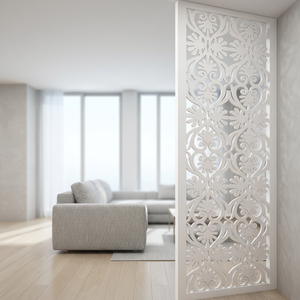 Paravent contemporain en aluminium avec motif floral sculpté pour salle à manger, largeur 70 pouces, finition thermolaquée - Product Image 1