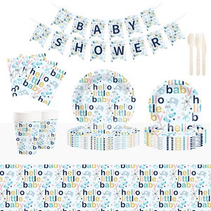Juego de Vajilla para Fiesta Temática de Baby Shower DAMAI con Diseño de Hello Little Baby, Incluye 7 y 9 Platos de Papel, Vasos y Servilletas para 8 Personas - Product Image 1
