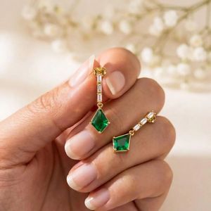 Natural Emerald Green Gemstone Kite Shape <b>Earrings</b> Minimalist CZ Drop <b>Earrings</b> in 925 Sterling Silver Dainty <b>Dangle</b> Jewelry Gift - Product Image 2