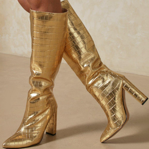 Trendy Gold Silver Shoes <b>Boots</b> High Chunky Heel Knee High <b>Boots</b> for Women Stone Print Slip-on Size 43 - Product Image 1