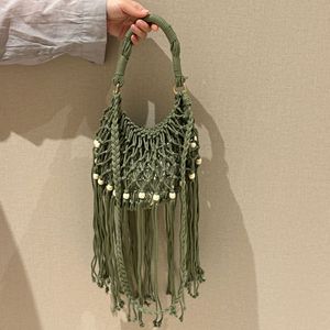 Borsa a Rete Boho in Macramè, Borsa Intrecciata a Mano in Cotone con Frange e Dettagli di Perline, Mini Borsa Estiva da Spiaggia - Product Image 4
