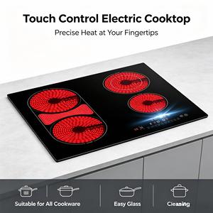 Table <span class=keywords><strong>de</strong></span> cuisson <span class=keywords><strong>vitrocéramique</strong></span> encastrable 4 zones 7200W, zone ovale extensible, commande tactile, minuterie, verrouillage enfant, compatible avec tous les ustensiles <span class=keywords><strong>de</strong></span> cuisson, 60cm - Product Image 1