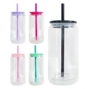 Glitter Flowing Double Wall Sublimation <b>Snowglobe</b> Glass 12Oz 15Oz Clear Soda Beer Can Cup With Plastic Lid and Straw - Product Image 1