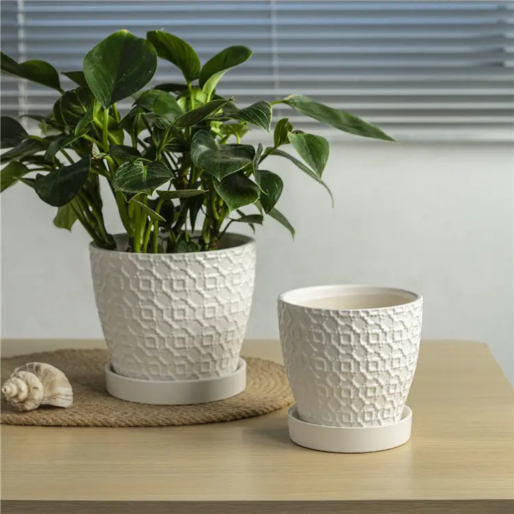 Modern handmade custom embossed interior decoration plant garden pots planters white flower pot ceramic orchid pots with holes