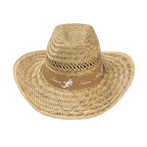 JAKIJAYI New Design Wide Brim Hollow Grass Cowboy Hat Hand-Woven Breathable Cool Women Summer Natural grass Sun Straw Panama Hat