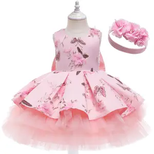 夏季幼儿派对裙时尚蝴蝶结背3D花朵贴花自由发带女婴花童连衣裙