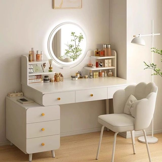 Modern Bedroom Dressing Table with Integrated Bucket Cabinet Makeup Mirror for Small Apartment Bedside or Living Room Use