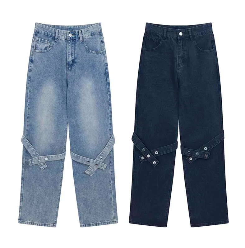 2023 Jeans dritti strappati Vintage Hip Hop europei da uomo marchi alla moda pantaloni Casual a gamba larga lavati dal Design ampio