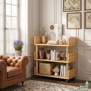 Étagère mobile autoportante <span class=keywords><strong>à</strong></span> 3 niveaux avec garde-corps latéral et <span class=keywords><strong>roulettes</strong></span> verrouillables, anti-chute et facile <span class=keywords><strong>à</strong></span> déplacer, pour utilisation en baie vitrée, chariot de rangement décoratif - Product Image 1
