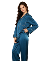 Ensemble de pyjama décontracté en satin et mousseline, longueur intégrale, manches longues, pantalon, style rétro, pour femme, col rabattu, taille élastique, couleur unie