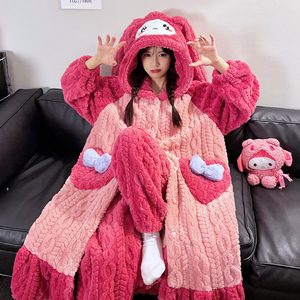 Completo <span class=keywords><strong>pigiama</strong></span> invernale <span class=keywords><strong>in</strong></span> <span class=keywords><strong>pile</strong></span> di corallo con cappuccio e vestaglia lunga con cappuccio - Product Image 4