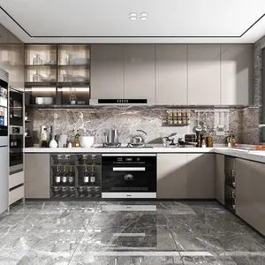 White Lacquer Economic High Gloss Modernos Gabinetes De Cocinas Kitchen Cabinet With Marble- Look Island And Tops