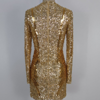 Robe Courte Moulante à Manches Longues et Col Rond avec Paillettes Dorées, Taille Naturelle, Luxe, pour Soirée, Cocktail, Club, Mariage, Femme