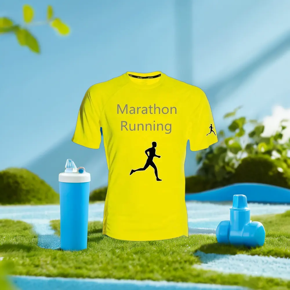Kaus olahraga jaring poliester rajut kaus kuning neon cetak kustom untuk pakaian lari pribadi kebugaran