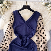 Fashion Sexy Deep V Low-cut Tight Dress Small Polka Dot Mesh Long-sleeved Irregular Bag Hip Bottoming Skirt