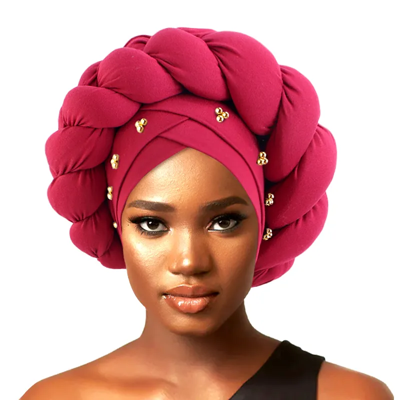 African Ladies Hijab Bunte einfarbige Twist Braid Frauen Headwrap Africa Gele Cap mit Perle