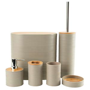 Bamboo Plastic Luxury Bathroom Accessories Gift Set Trash Can Soap Dispenser Soap Dish Toilet Brush Holder Toothbrush Holder Cup