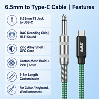 Kabel Perekam Audio 6.5mm ke Type-C, untuk Gitar Elektrik, Instrumen Tiup, Keyboard ke Ponsel Laptop, Panjang Dapat Disesuaikan
