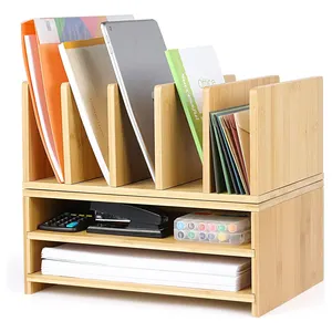 Bambu Office Desk Accessories Organizador Workspace com gavetas de armazenamento 2 Bandeja De Papel e 5 Slots Vertical