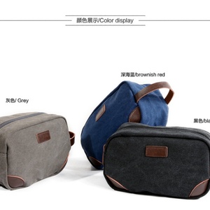 Wholesale Vintage Style Men's Travel Dopp Kit Shaving Bag Water Resistant Canvas Leather Makeup Pouch with Zipper Closure - Product Image 4