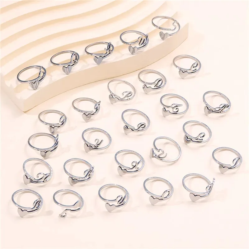 Aço Inoxidável Cor Prata A-Z 26 Carta Inicial Aberta Anéis Ajustáveis Moda Nome Ring Party Birthday Jewelry Presentes