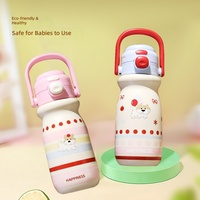 Mignonne tasse isotherme portable en acier inoxydable pour enfants, motif dessin animé, avec double couvercle, poignée et paille – Vaisselle compacte