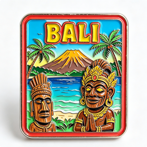 Pin Metálico de Recuerdo de Bali, Forma Rectangular, Esmalte Duro, Diseño de Arte Folclórico, Palmeras, Escena de Montaña, Regalo de Viaje - Product Image 1