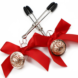 SM adult toys, Chinese <b>red</b> <b>bow</b> bell metal nipple clamps, alternative sex toys for couples. - Product Image 4
