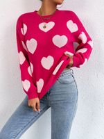 LVLAEA Ladies' Heart Printed Casual Knitwear Long Sleeve Crew-neck Pullover Top for Spring Valentine's Day Holiday Loose Front