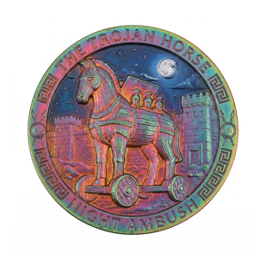 Moneda de desafío de 1 oz de cobre puro .999, estampada e impresa UV, con diseño de Caballo de Troya y Medusa, inspirada en la mitología griega, con patina arcoíris y arte de ataque nocturno - Product Image 2