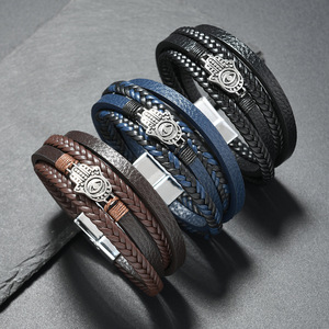 Pulsera de Cuero Multicapa con Amuleto de <span class=keywords><strong>Mano</strong></span> de <span class=keywords><strong>Hamsa</strong></span>, Cierre Magnético, Estilo Boho para Hombre - Product Image 1