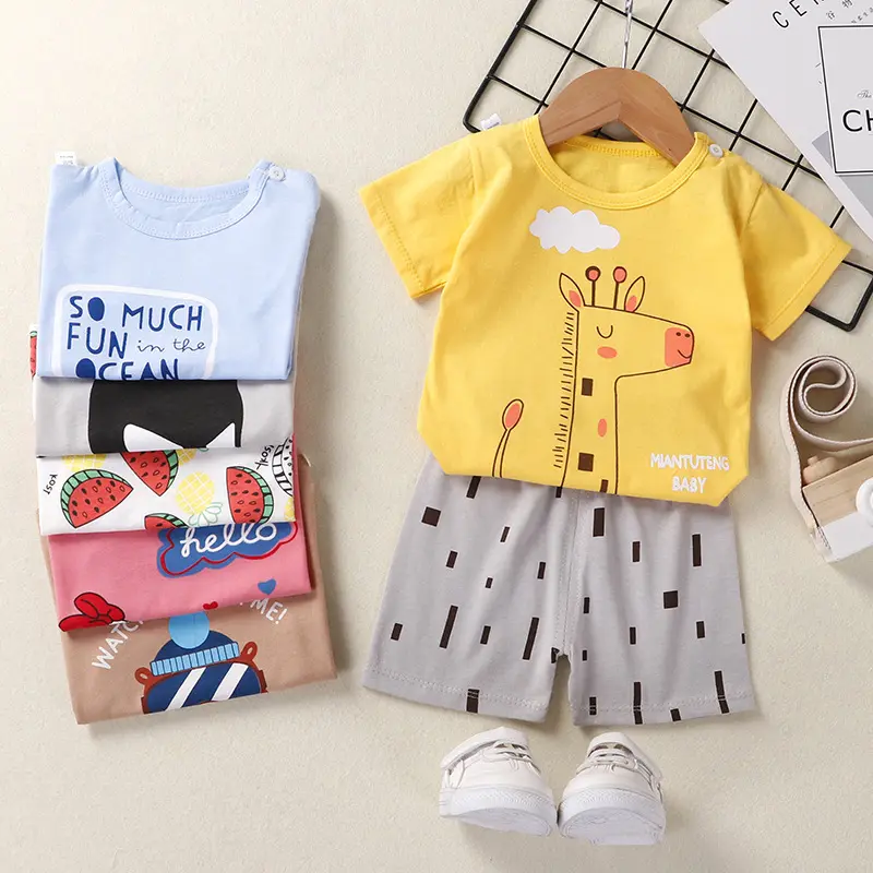Summer short-sleeved suit boys cotton T-shirt two-piece suit girls baby middle and small thin children clothes