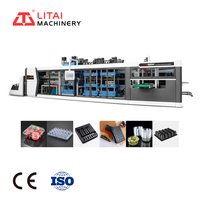 Volledig automatische vierstations servomotor aangedreven PET fruitdoos PS/PP plastic voedselcontainer tray doos deksel thermoformmachine