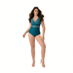 Costume da bagno intero HDJ Plus Size con controllo della pancia, vita alta, scollo a V profondo, verde acqua BZ77066 - Product Image 1