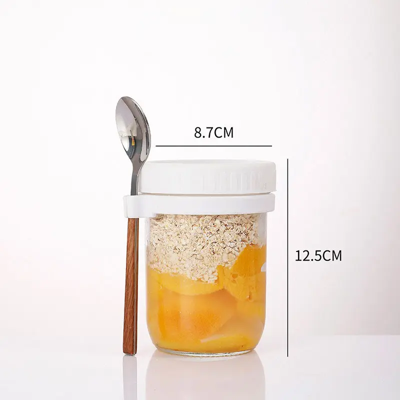 ถ้วยข้าวโอ๊ตบดแบบข้ามคืน350มล.,ถ้วยเมสันสำหรับอาหารเช้าพร้อมช้อนขวดสลัดแก้วสามารถใส่โยเกิร์ตนัทเขย่าเขย่าถ้วยเขย่าได้