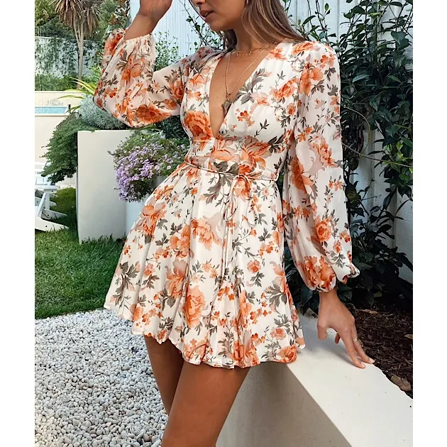 2022 Women clothing wholesale casual dresses summer long sleeve floral prom midi dress women body casual dresses