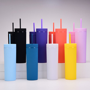 Tache transfrontalière SKINNY Double tasse en plastique personnalisée simple peinture en caoutchouc tasse à eau 16OZ scellé corps droit tasse de paille - Product Image 4