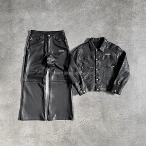 Custom <b>Leather</b> Button up <b>Jackets</b> for Men High Quality Heavyweight Detachable Zipper Shorts Two Piece <b>Leather</b> Men's Clothing Set - Product Image 1