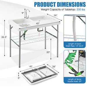 Table de nettoyage de poisson pliante DB, double évier, acier inoxydable, station de cuisine de camping en plein air avec étagère de rangement pour 2 utilisateurs - Product Image 5