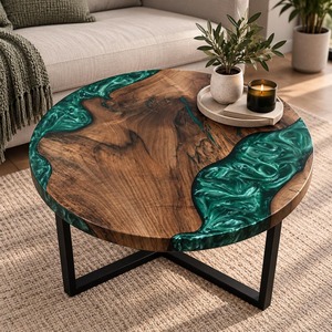Table basse ronde en résine époxy faite à la main, table d'appoint unique en peuplier, table de canapé haut de gamme - Product Image 1